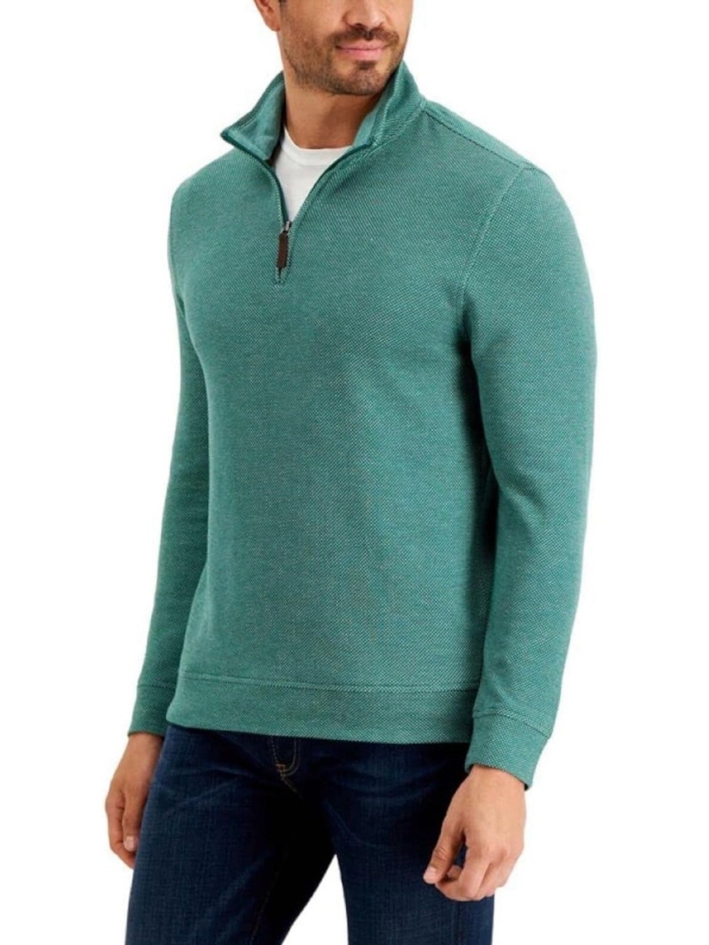 Club Room Birdseye 1/4 Zip Pullover Sweater XXL Green Cotton Blend